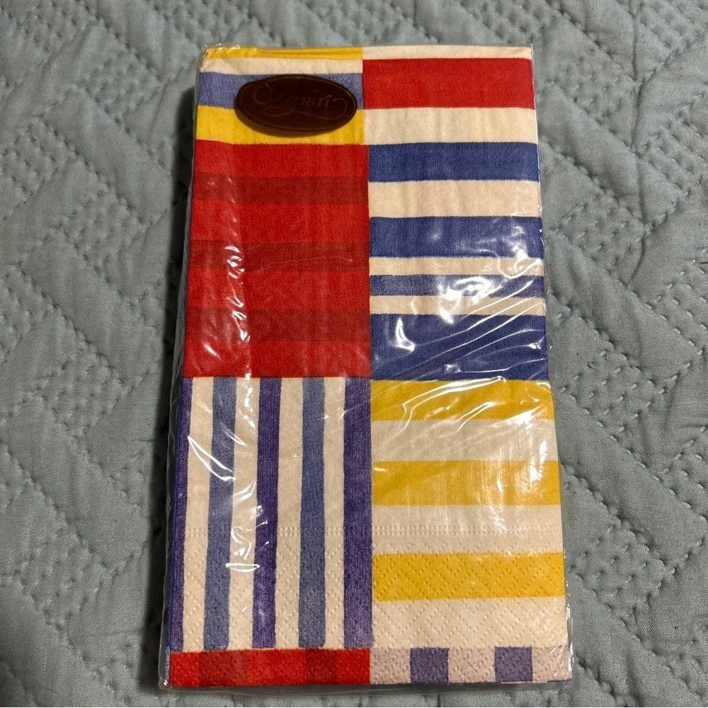 Caspari Striped Patchwork Blue 15 Triple Ply Napkin 33cmx40